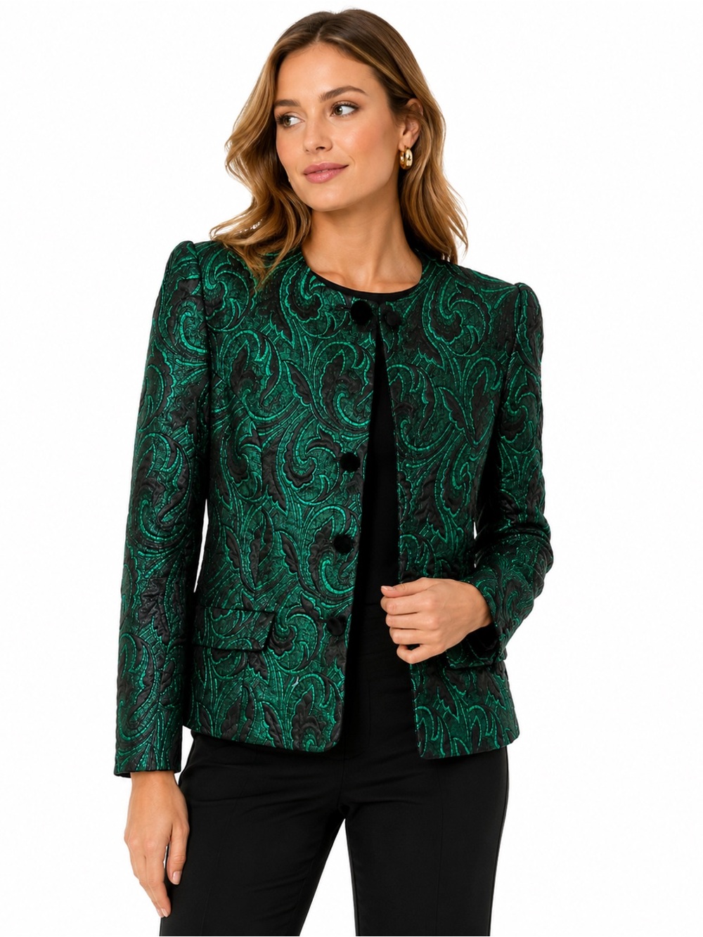 Vintage 80s Aquascutum Made In England 10 Metallic Green Lurex Brocade Jacket